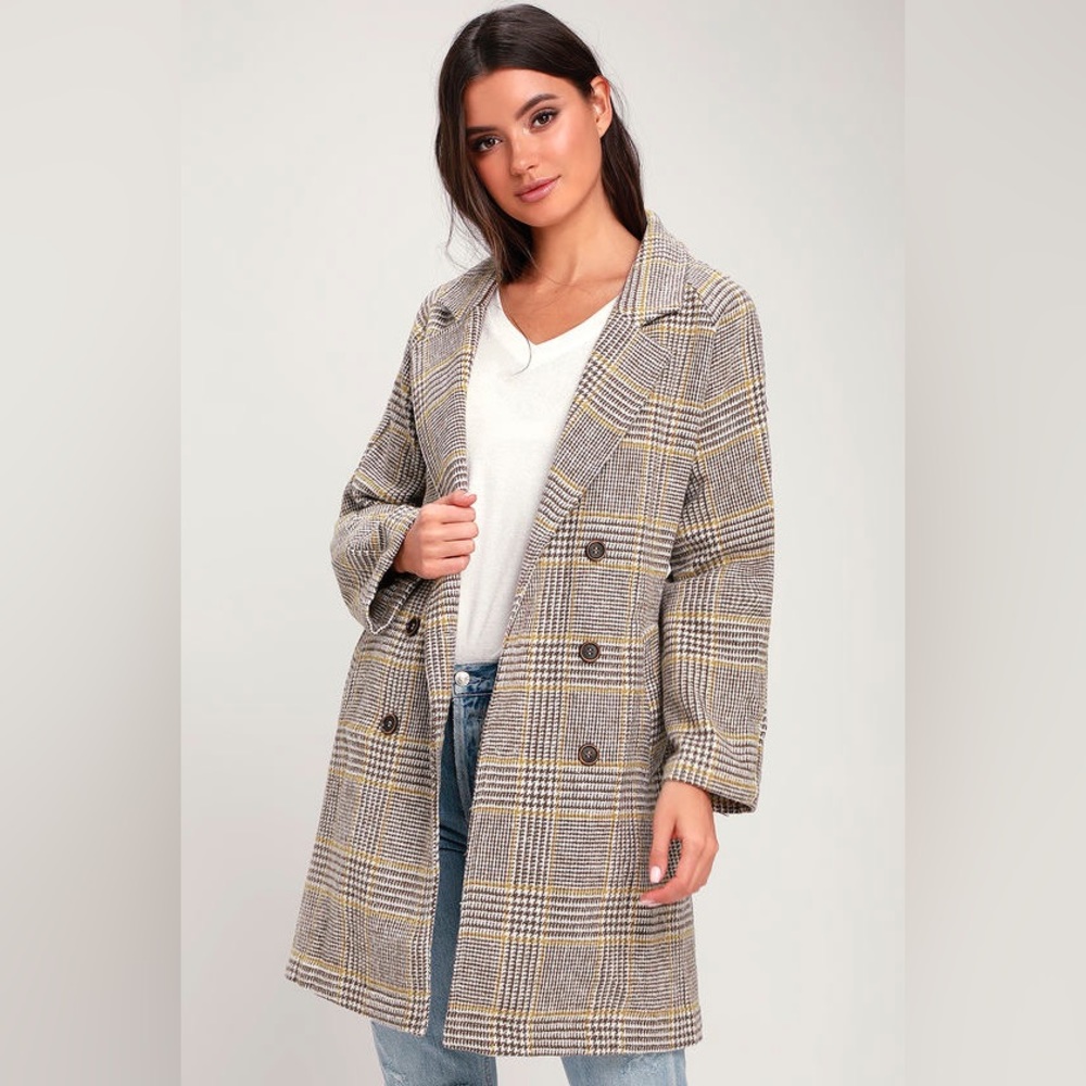 Spring brown and yellow plaid trench coat